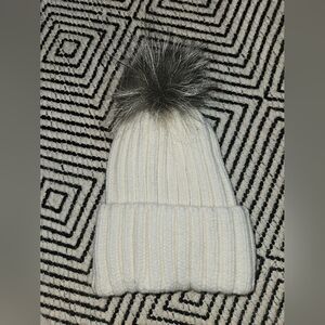 Adrienne Landau Cream Knit Hat with Real Fox Fur Pom Pom.